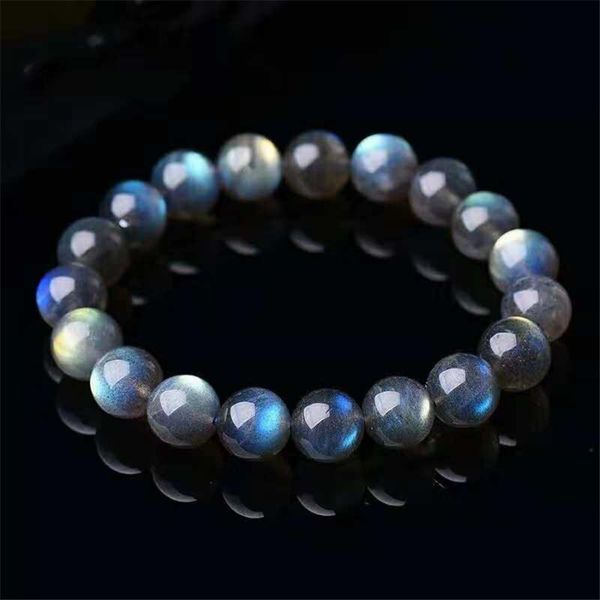 

10mm genuine rainbow light natural labradorite bracelet women men stretch crystal round bead natural moonstone bracelet, Black