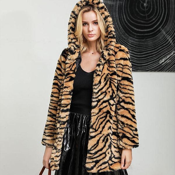 

2019 western style winter new thicken hoodie tiger stripes imitation fur coat loose fashion long sleeve plus size coats t191108