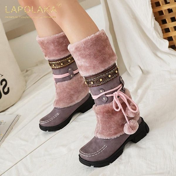 

boots lapolaka fashion 2021 large size 43 platform warm winter woman shoes thick heels slip on add fur snow ladies, Black
