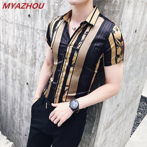 

luxury black gold shirt summer fashion personality striped short-sleeved shirt fashion designer social party slim casual, White;black