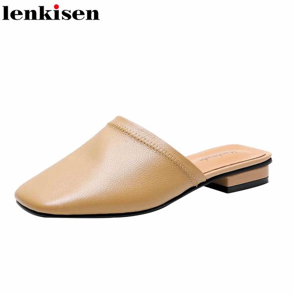 

lenkisen simple style fashion full grain leather low square heels square toe slip on mules vintage daily wear summer slipper l49, Black