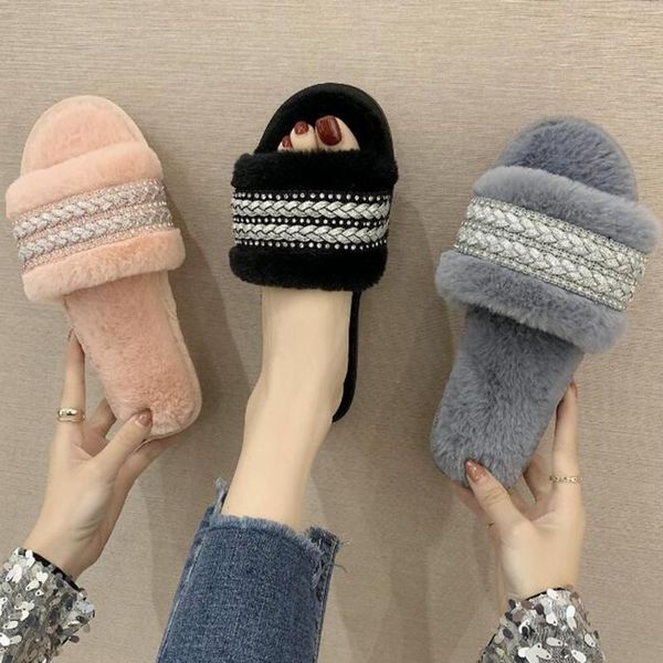 

winter women cotton slippers warm indoor non-slip slippers fashion women flat plush flip flops fur slides for xx478, Black