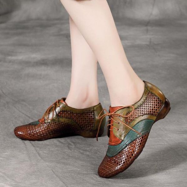 

yourseason retro hollow flats women mixed colors lace up 2020 new round toe shallow casual ladies genuine leather shoes, Black