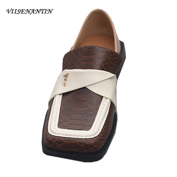 

single shoes new british style retro square toe color matching step on heel two wear loafers one foot small leather shoes women, Black