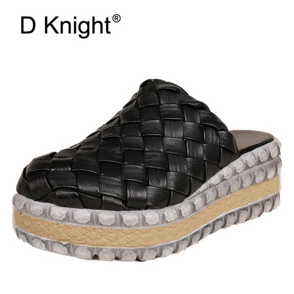 

summer platform wedge heel slides shoes for woman round toe thick bottom woven genuine leather ladies sandal slippers high heels, Black