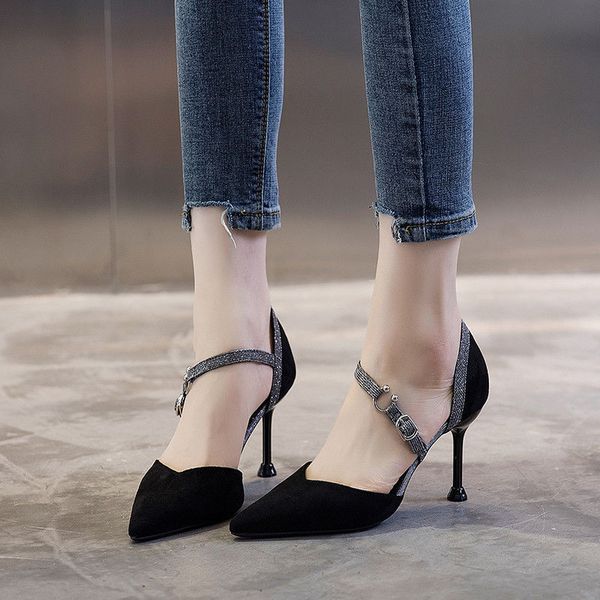 

high heels sandals for women stiletto pointed web celebrity shoes for women spring new 2020 fairy kitten heels sandals, Black