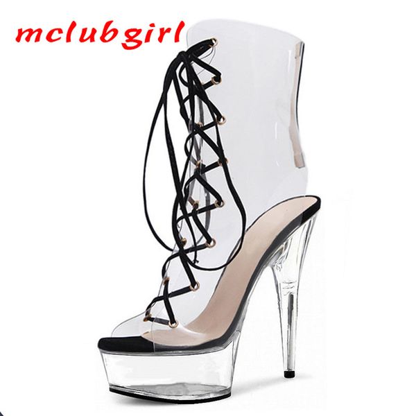 

mgirlclub 15см круглая голова прозрачные сапоги тонкие каблуки 17 cm супер высокий каблук толстые bottom night show женские полусапоги lyp, Black