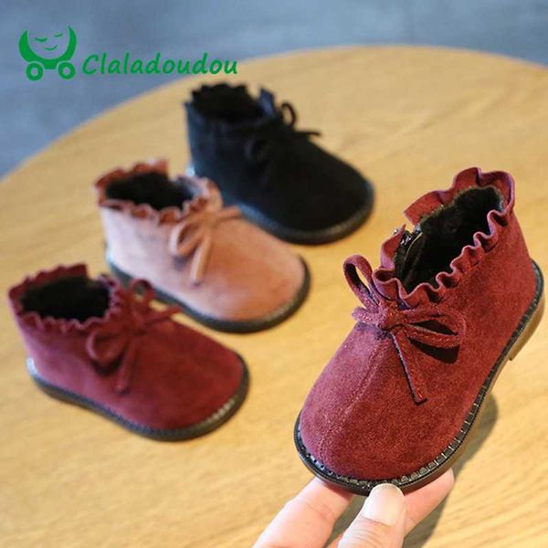 

claladoudou 12-15.5cm brand suede winter shoes baby black red princess cute bow ruffle toddler fringe boots infant winter flats, Black;grey