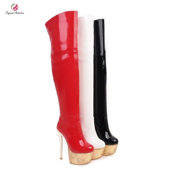 

original intention stylish over the knee high boots woman gold high platform boots thin heels black round toe shoes woman