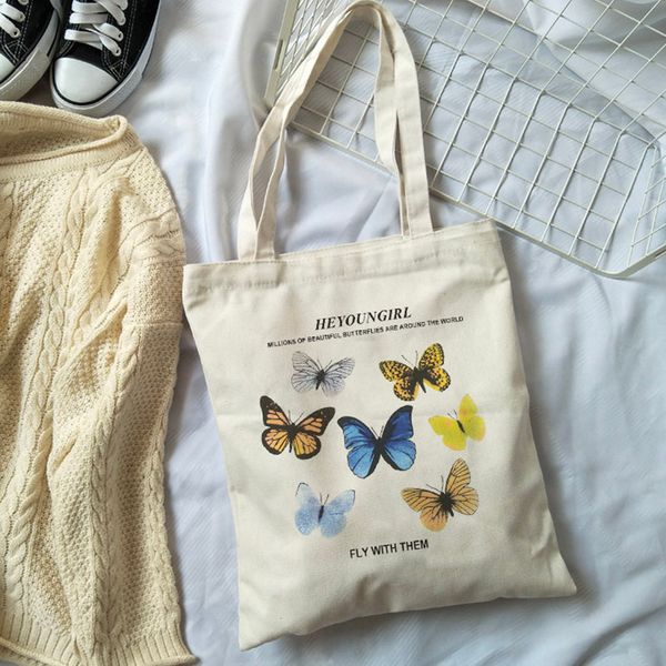 

summer vintage new cartoon butterfly print chic korean sweet ulzzang harajuku large capacity canvas ins women's shoulder bag