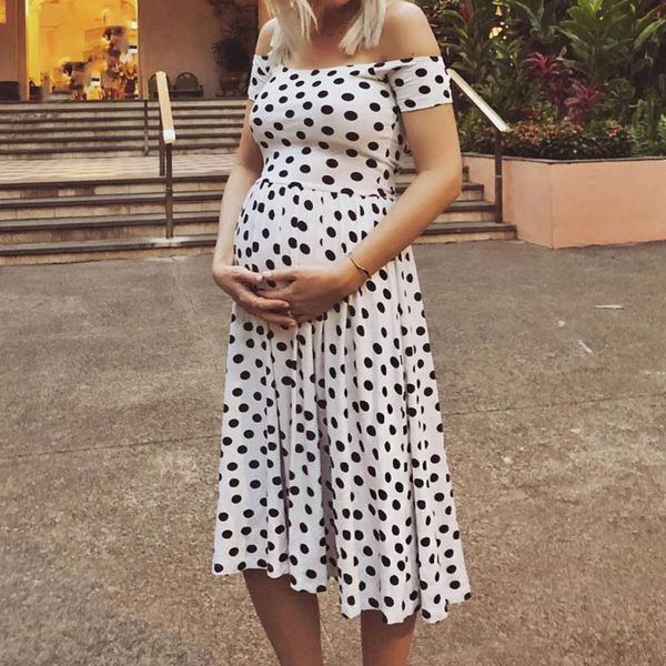 

women maternity dresses mom dot print pregnancy dress breastfeeding off shoulder pregnant dress vestidos ropa embarazada, White