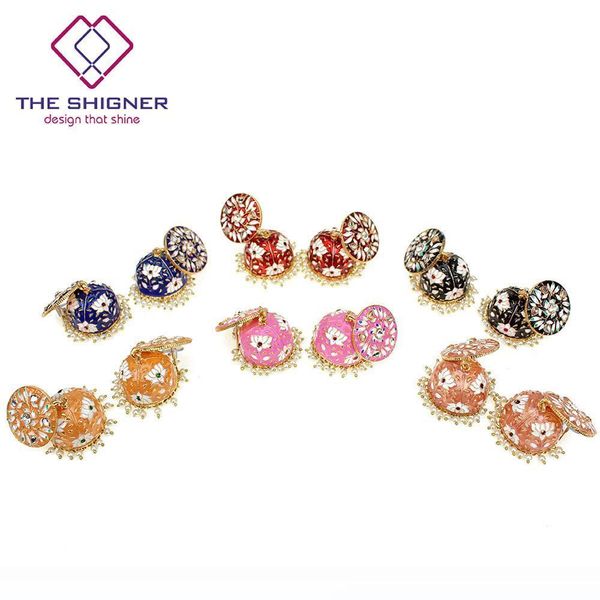 

the shigner indian ethnic jewelry gold tone pearl stone kundan meenakari enamel handpainted jhumka jhumki earring dangle earring, Silver