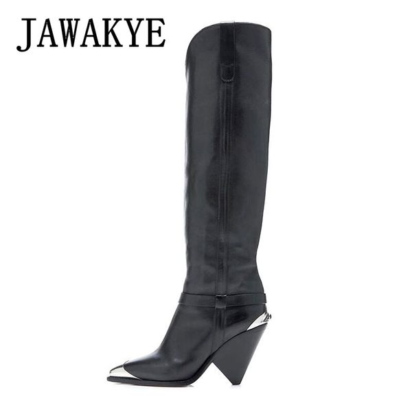 

metal decor knee high knight boots genuine leather designer shoes women slim fit winter long boots ladies spike high heel shoes, Black