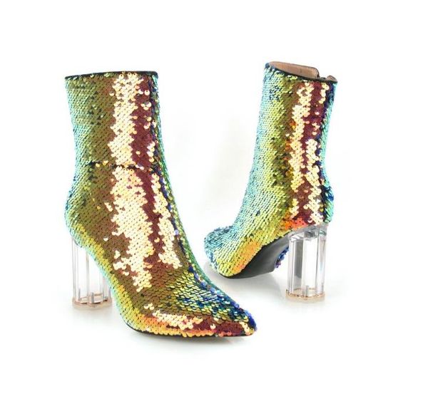 

fashion gold silver sequnied ankle bootie luxury designer women boots clear heels christmas party nightclub shoes 8.5cm, Black