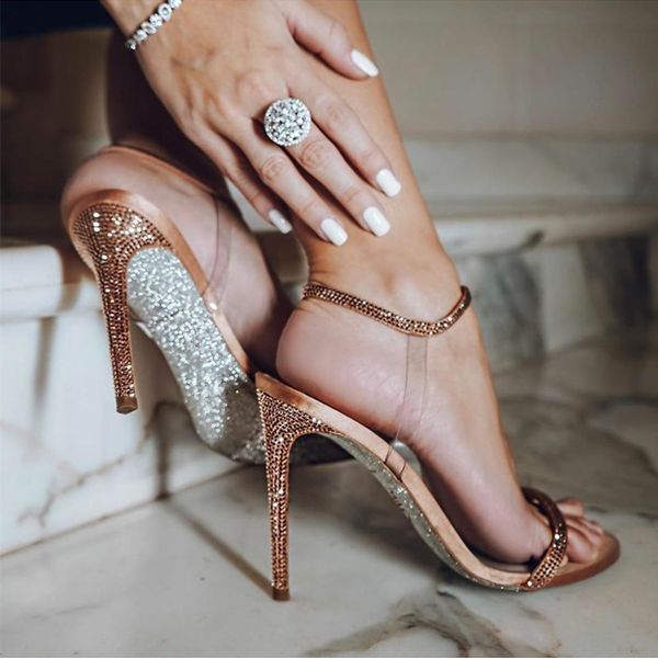 

rhinestone sandals women 2020 stiletto clear heels for women summer sandals open toe transparent heels talon transparent, Black