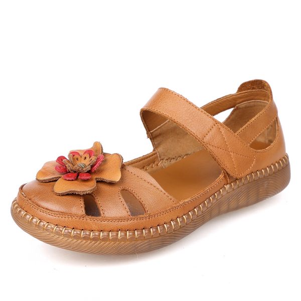 

2020 genuine leather sandals women summer shoes flat flowers mother shoes thick sole non-slip casual woman summer sandals yx2425, Black