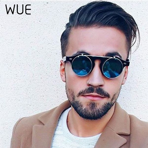 

wue new fashion vintage round steampunk flip up sunglasses classic double layer clamshell design sun glasses, White;black