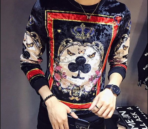 

luxury design printing t shirt homme royal print men velour t shirt club outfit men slim fit long sleeve o neck velvet t shirt y200104, White;black