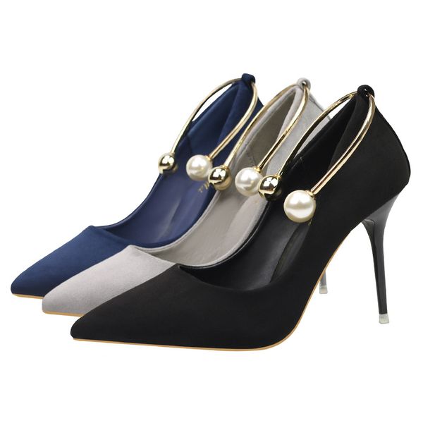 

new thin high-heeled suede shallow mouth pointed hollow metal word with a single women's shoes, Black