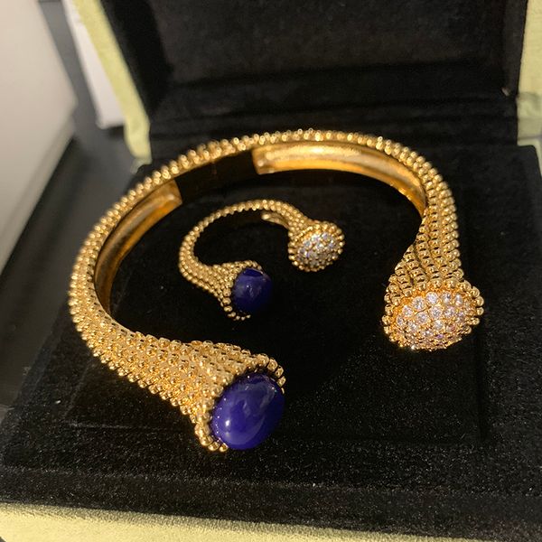 

wholesale 2019 new designer blue stone cuff bangle bracelet and rings party jewelry sets for women, Silver