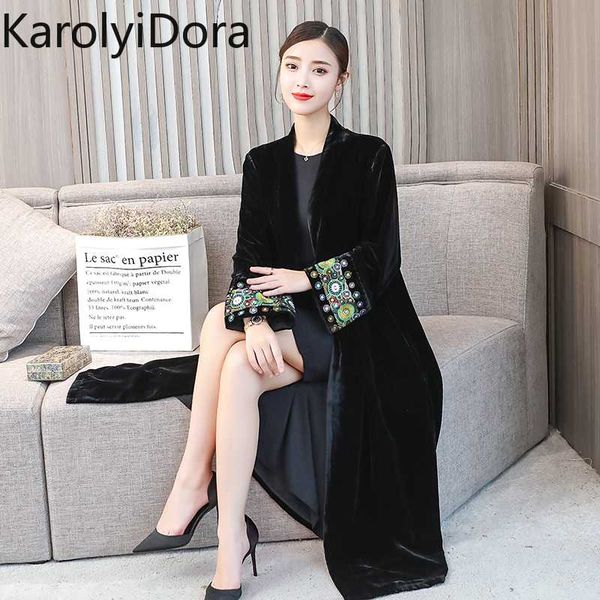 

sleeve exquisite embroidery vintage velvet kimono trench new women v neck mid long windbreaker coat outerwear, Black
