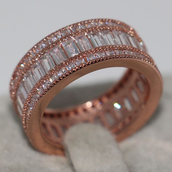 

size 5-10 fashion luxury jewelry 10kt rose gold filled princess cut full white sapphire cz diamond gemstones women wedding band ring gift, Slivery;golden