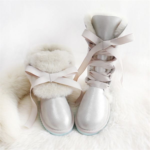 

high boots 2020 new lace up shoes women genuine sheepskin real fur 100% wool women winter snow boots brand, Black