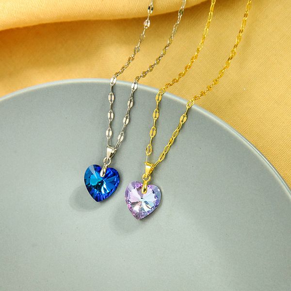 

heart of the sea blue pink crystal pendant neklace short chain 2020 new design luxurious romantic jewelry for women handmade, Golden;silver