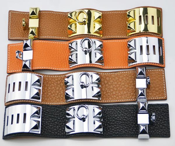 

cdc new design titanum steel bracelet with genuine leather in many colors women and man brand name jewelry gifts, Black