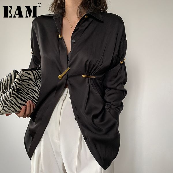 

eam] women black pleated split elegant blouse new lapel long sleeve loose fit shirt fashion tide spring summer 2020 1w477, White