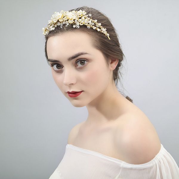 

floral wedding gold tiara crown crystal bridal hair headband bride boho headpiece hair jewelry, Golden;silver