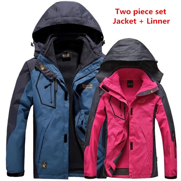 

high-quality male and female two piece jacket+linner winter autumn warm waterproof windproof jacket for climbing clothing suit, Blue;black