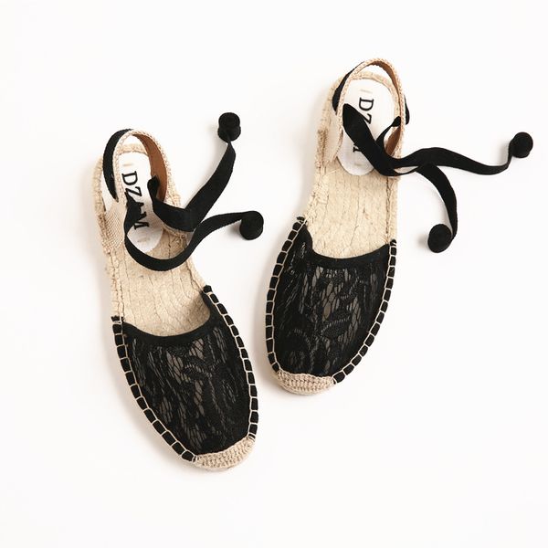

sandals 2021 spring and summer fashion style lace mesh straw fisherman shoes casual bandage cloth comfortable women's flat, Black