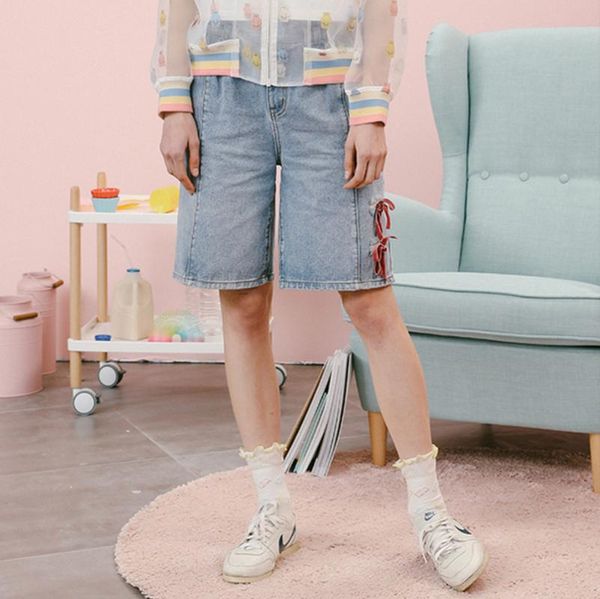 

fashion women jean shorts cute lace up zipper ladies knee length denim shorts 2020 summer new vintage jeans, Blue