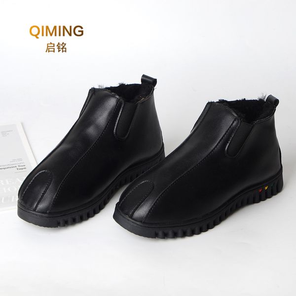

women man winter snow boots men genuine sheepskin learher boots wool snow flat waterproof sheep shoes woman, Black