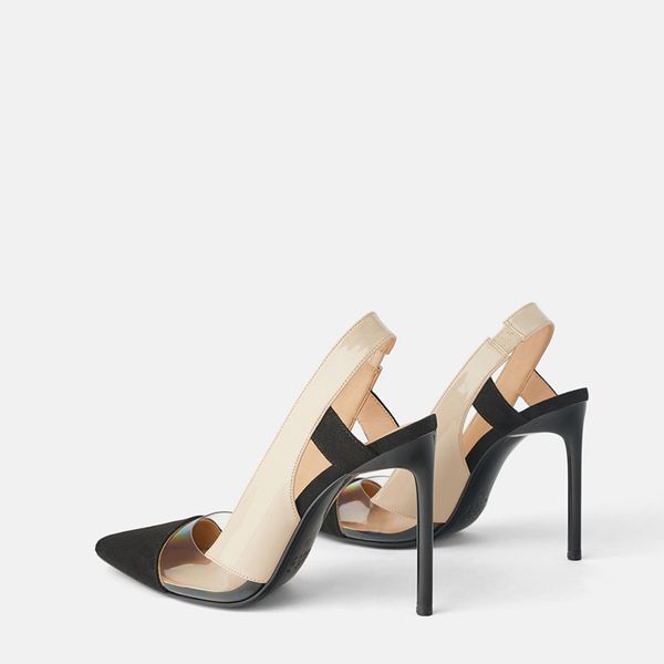 

women's shoes stitching plastic slingback high heels, pointed toe stiletto super high heels 2020 spring and summer style, Black