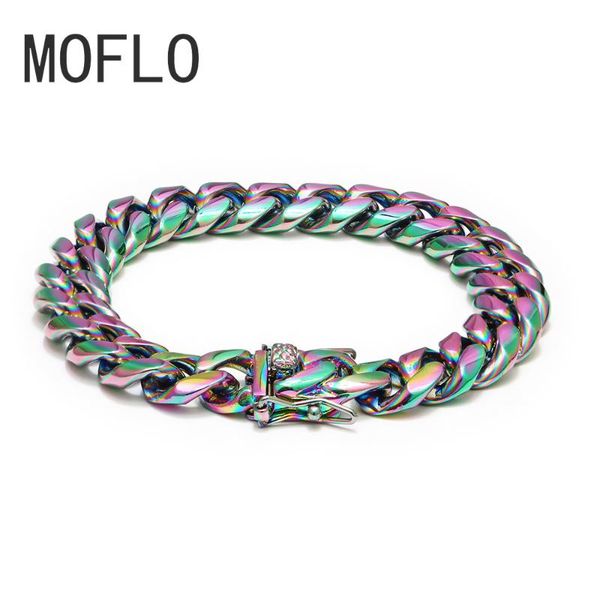 

charm bracelets moflo rainbow color mens hiphop stainless steel cuban chain jewelry link 12mm colorful bracelet, Golden;silver