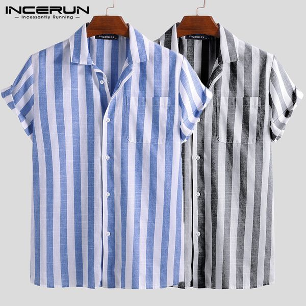 

incerun striped casual shirt men short sleeve button up 2020 summer leisure fashion brand shirts men camisa masculina streetwear, White;black