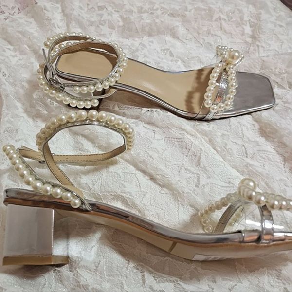 

2020 summer pearl сандалии женщин стразы transparent площади toe высокие каблуки обувь женщины моды sexy женская обувь zapatos muje, Black