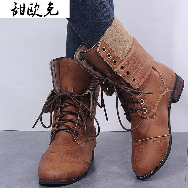 

2020 winter women's boots fashion turned over edge round head thick heel women boots roman style low heel zapatos mujer, Black