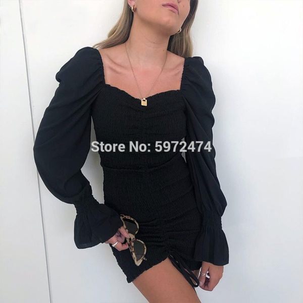 

2020 nieuwe pakket heupen dot print lange mouwen jurk elegante vrouwen vetersluiting up elastische ruches mid lange party jurken, Black;gray
