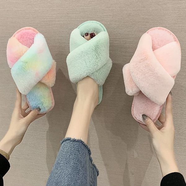 

women indoor slippers fur plush winter house shoes women soft rainbow cross flat fluffy non slip bedroom warm slippers vt1430, Black