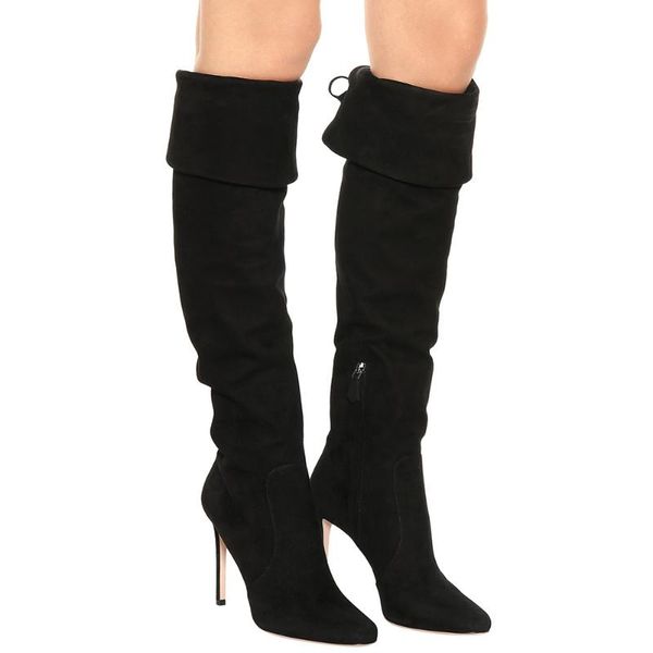 

lucky2020 high-heeled knee-high women's winter classic black suede pointed thin-heeled boots chengdu