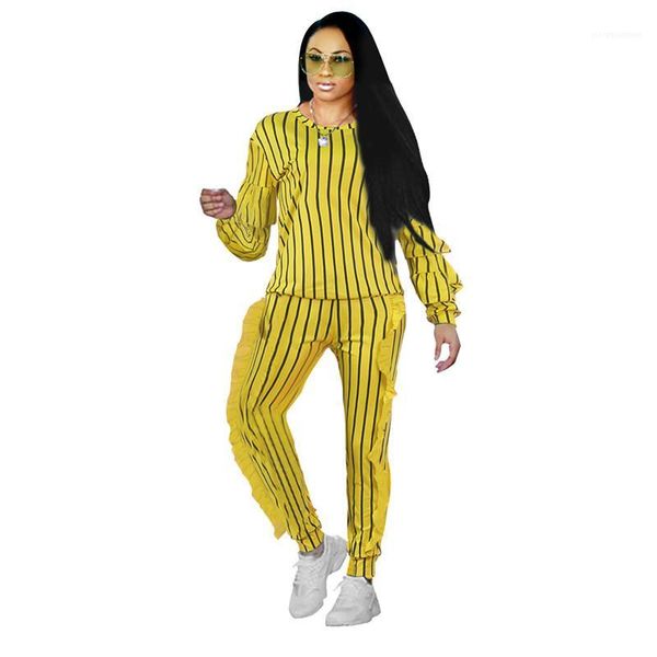 

sleeve long pants womens 2 piece outfits women tracksuits designer striped pattern ruffle suits casual long, Gray