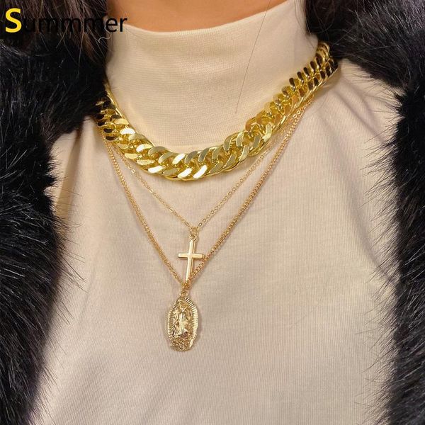 

gold cross virgin mary pendant necklace punk rock statement big thick cuban choker for women layered long chain fashion jewelry, Silver