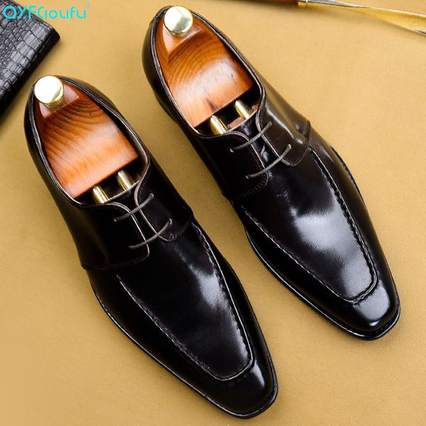 

qyfcioufu 2020 vintage men's leather derby shoes solid lace-up formal wedding office dress shoe male brand handmade suit shoes, Black