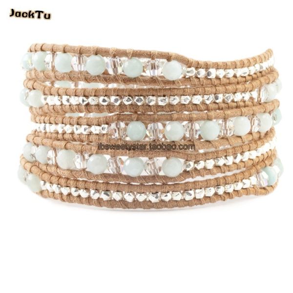 

ab color crystal amazonite beads bracelet on beige leather, Golden;silver