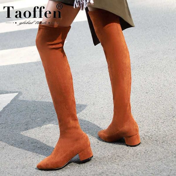 

taoffen women slip on over the knee boots fashion pointed toe comfortable office work winter shoes women daily botas size 34-43, Black