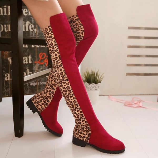 

women's leopard high boots winter long tube boot 2020 lady stylish over-the-knee low heel shoes thigh-high suede boot party, Black