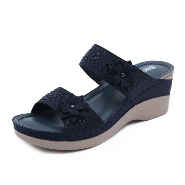 

sandals flower rhinestone women retro wedges heel comfortable slippers shoes size 36-42, Black